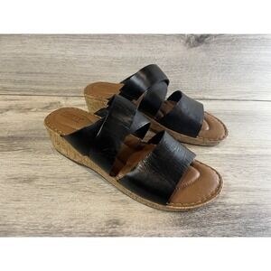 Born Sandals Womens 11 Luna Wedge Slides Black Leather Casual Cork BR0021003‎